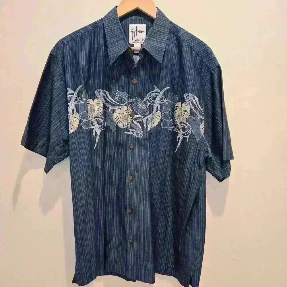 Guy Harvey AFTCO Bluewater Short Sleeve Button-up Hawaiian Shirt Men's Sz L